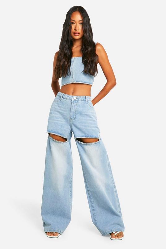 Diamante Trim Cut Out Detail Jeans | boohoo Diamante Trim Cut Out Detail Jeans | boohoo